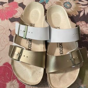 Only worn once Birkenstocks White Gold with gold buckles size 37 US size 6.5, 7